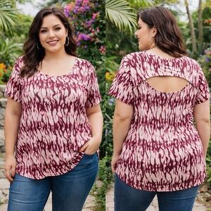 MBLM Tess Plus Size Tie-Dye Top Burgundy & Ivory Short Sleeve Cutout Back Tee